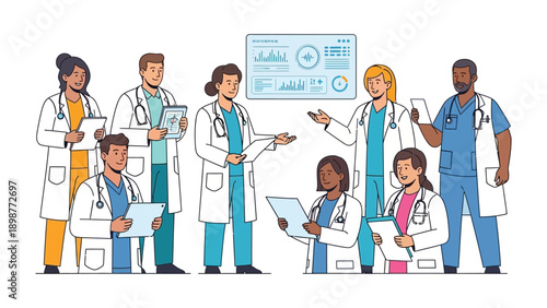 Medical Professionals United: An illustration of a medical team standing together, conveying expertise, dedication, and the collective pursuit of healthcare excellence.