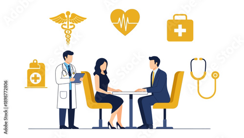 Health Consultation: A medical professional consults with two patients, with symbols of health and well-being.