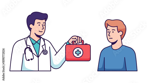 Healthcare Consultation: An image that shows a doctor holding a medical kit and talking to patient, representing care and trust and healthcare concept.