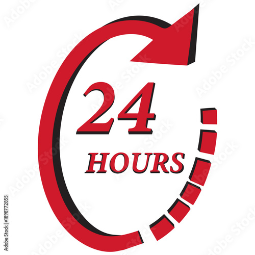 24 hours red arrow icon. Delivery all day business and service. isolated on white background. 3D vector illustration.