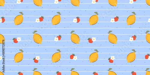 Cute lemon seamless background with yellow citrus, floral accents, and classic checkered texture. Ideal for spring prints, kitchen decor, and kawaii food packaging