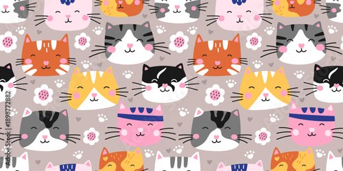 Seamless cute cat pattern with kawaii kitten faces, hearts, and flower. Designed for nursery fabrics, baby wallpaper, and sweet gift wrapping