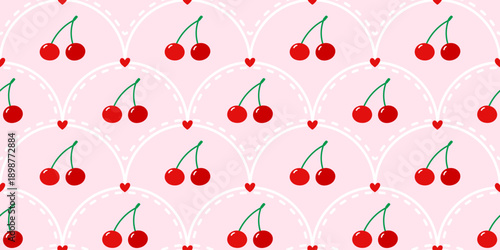 Seamless cherry gingham pattern with cute red berry, flowers, and soft heart accents. Designed for picnic tablecloths, baby products, and sweet summer prints