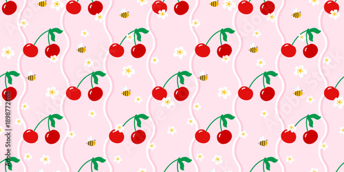 Seamless cherry gingham pattern with cute red berry, flowers, and soft heart accents. Designed for picnic tablecloths, baby products, and sweet summer prints