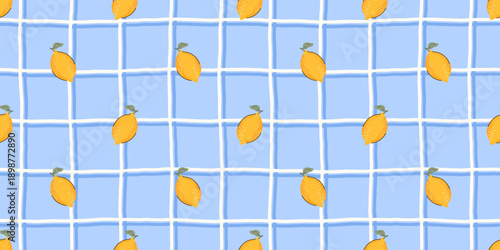 Seamless lemon gingham pattern with bright citrus, leaves, and a Mediterranean feel. Designed for summer tablecloths, picnic textiles, and Italian-inspired backgrounds