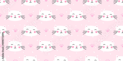 Seamless cute cat pattern with smiling kitty faces, pink paws and hearts on soft pastel background for nursery decor, kids textile, wrapping paper, wallpaper and gifts