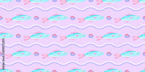 Seamless pattern with tropical fish and coral on pink background. Playful underwater design for kids textiles, wrapping paper, and summer beach themes
