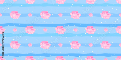 Vector seamless pattern with pink corals on a dark blue plaid background. Stylish tropical marine design, perfect for summer textiles, packaging, stationery, and coastal-themed products