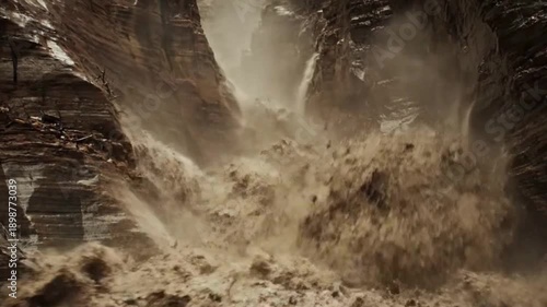 A powerful and dynamic depiction of a sudden and forceful landslide, showcasing the raw power of nature.