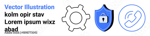 Cybersecurity, data protection, communication technology, customer service, technical support, privacy. Gear, shield with lock phone icon. Cybersecurity and data protection visuals