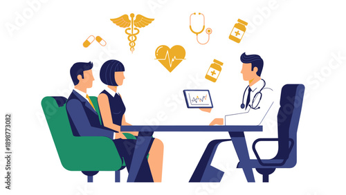 Medical Consultation: A couple consults with a medical professional, focusing on their well-being, symbolizing trust and expert healthcare.
