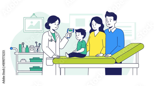 Medical Checkup: A doctor uses a thermometer to check a boy's temperature in a clinic room, with his parents in attendance, capturing a moment of care and concern.
