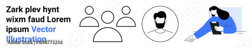 Teamwork, profile management, HR processes, collaboration tools, organizational planning, personnel review. Minimalist icons of group and profile. Teamwork and profile management concept