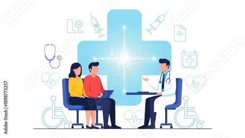 Health Consultation with Doctor: A doctor consults with a couple, offering expert guidance and support in a healthcare setting, promoting well-being and proactive health management.