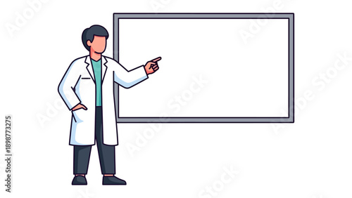 Doctor's Presentation: A healthcare professional, clad in a crisp lab coat, stands confidently beside a blank whiteboard, indicating towards it with a knowing gesture.