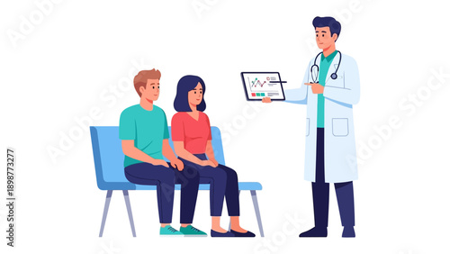 Healthcare Consultation: A doctor explains the graph results to a couple, creating a scene that reflects patient care, expertise, and health analysis.