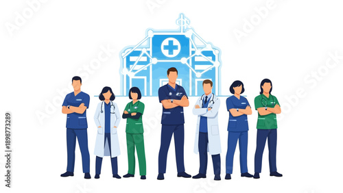Healthcare Professionals: A dedicated ensemble of medical professionals, representing a hospital, standing confidently, signifying expertise and compassion within the healthcare landscape.