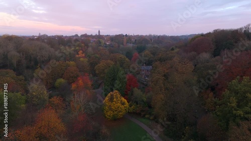 Jesmond Dene during Autumn at dawn. The scene captures dawn light shining through