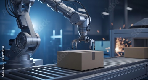 Robotic arm handling package on automated assembly line in factory