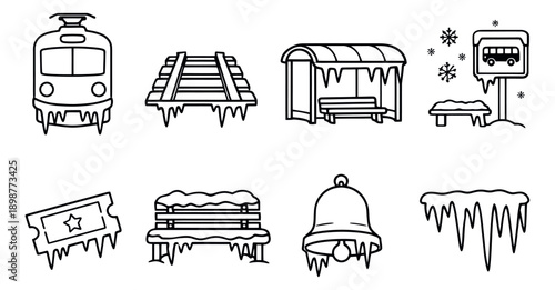 Line art winter elements set featuring a tram, bus stop, railway, bench, and icicles for seasonal designs