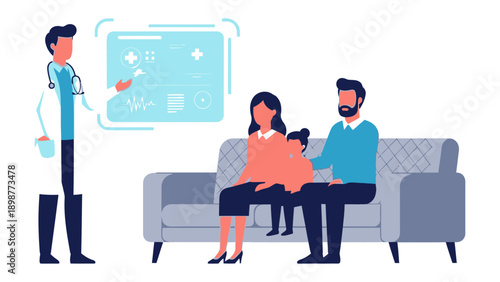 Medical Consultation with Family: A caring doctor in a medical setting consults with a family, discussing health and well-being. Capturing the essence of health and familial comfort.