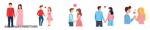 A flat design illustration of a couple holding hands on Valentine’s Day, simple and minimal, no outline, modern bright colors, plain white background