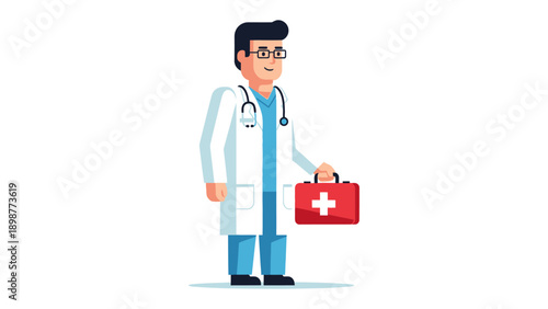 A Dedicated Healer: A focused doctor, equipped with a stethoscope and medical kit, stands ready to provide care and support. Representing the compassion and expertise.