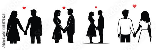 minimalist flat illustration depicting a couple holding hands on Valentine’s Day, black and white silhouette style, no outlines, clean layout