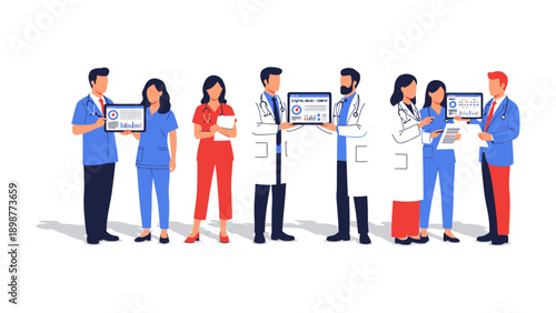 Healthcare Teamwork: A group of medical professionals stand together, each holding a tablet, representing collaboration and expertise in providing healthcare.