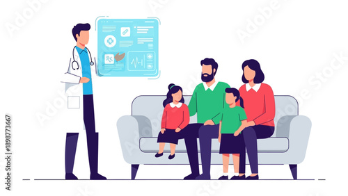 Healthcare Consultation: A medical professional provides insights and guidance to a family, emphasizing preventative care.