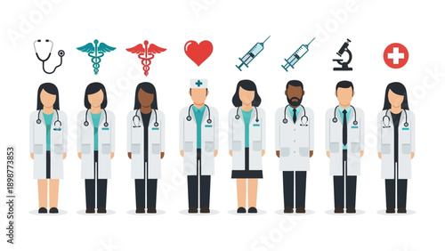 Medical Professionals' Assembly: A united cohort of medical professionals stands in a row, each exuding expertise, surrounded by medical icons, embodying healthcare's core values.