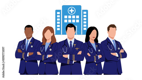 Medical Team in Uniform: A united medical team stands with confidence in front of a hospital, embodying expertise and dedication. A symbolic image representing healthcare professionals in a field.