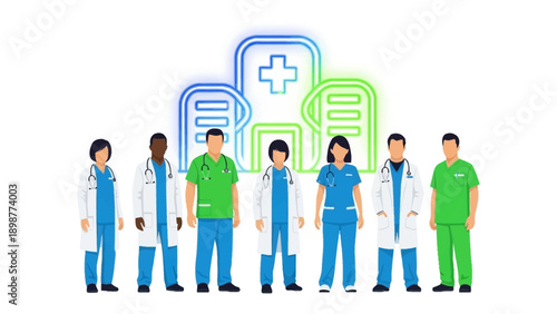 Healthcare Heroes: A cohesive group of medical professionals, united in their dedication to patient care, stands proudly before a symbolic hospital outline.