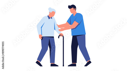 Supporting Hands, Guiding Steps: A caregiver assists a senior with a cane, symbolizing support, care, and compassion. Highlighting assistance in the elderly population with the elderly care.