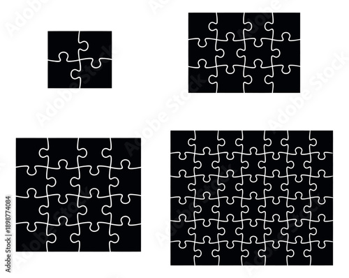 Line art jigsaw puzzle set featuring multiple assembled grids for problem solving concepts