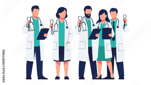 Medical Team Illustration: A professional illustration showcasing a medical team, each member in a white coat, and stethoscope, embodying expertise and compassion.