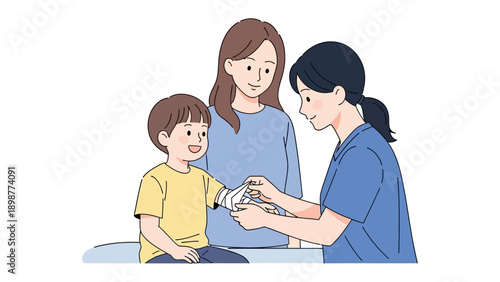 Caring Hands: A child receives compassionate medical attention, with a nurse and mother providing comfort and support in a moment of care.