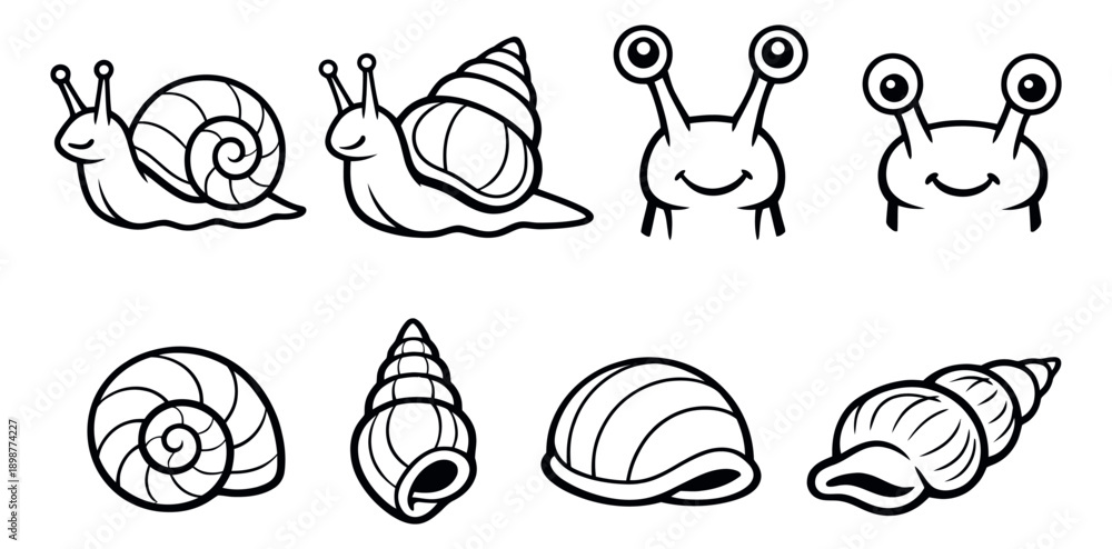 Fototapeta premium Hand drawn line art snail and shell set featuring different types of snails and various spiral shells for nature and animal concepts