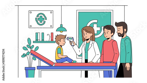 Medical Checkup: A child undergoes a medical checkup, with a doctor taking their temperature as the family observes, ensuring healthcare and well-being.