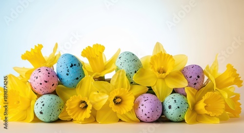 Bright yellow daffodils with speckled pastel Easter eggs in a springtime holiday arrangement celebrating the season, bright, still life, celebration