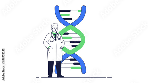 Geneticist with DNA strand : A medical professional stands before a towering, intricately illustrated DNA strand, embodying the cutting edge of genetic science and healthcare innovations.