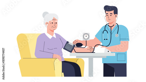 Medical Check: A healthcare professional is measuring an elderly woman's blood pressure, signifying the dedication to health and well-being. Capturing the essence of health checks and care