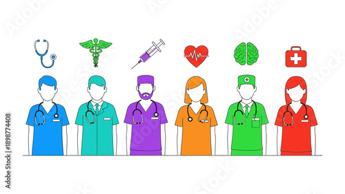 Healthcare Heroes: A diverse group of healthcare professionals stands united, symbolized by essential medical icons, representing care and dedication.
