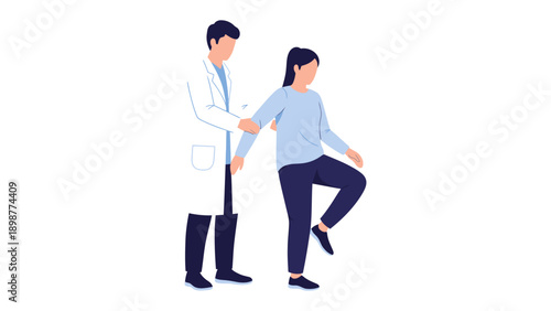 Balance Assessment: A caring professional supports a patient as she performs a balance test, symbolizing health, healing, and the importance of stability and movement.