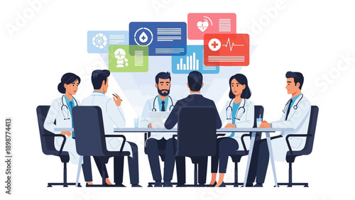 Medical Professionals in Dialogue: A group of doctors and medical specialists engage in a focused discussion around a table.