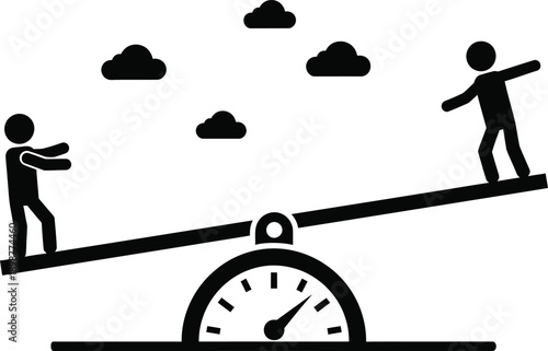Two people balancing on seesaw with clock and clouds