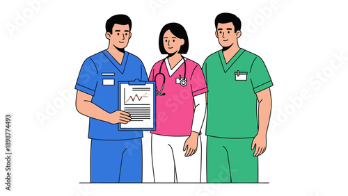 Healthcare Team: A dedicated medical team, comprised of two skilled male professionals and one female professional, stands united, symbolizing collaborative patient care, expertise, and commitment.