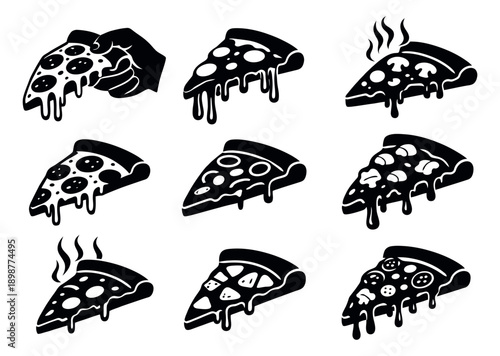 Graphic line art pizza slices set featuring various slices with melting cheese and different toppings, including one held by a hand for food delivery apps and restaurant promotions