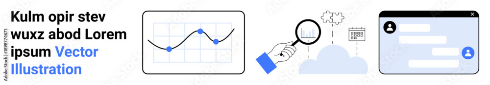 Obraz premium Data visualization, analytics, cloud technology, user interface design, digital networking, online communication. Includes graph, magnifying glass cloud icons and chat UI. Data visualization