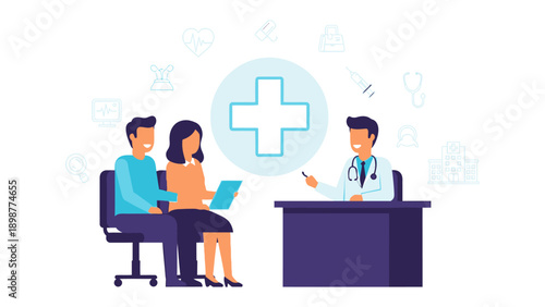 Health Consultation Illustration: A visual representation of a couple consulting with a healthcare professional, the image conveys trust and medical expertise in a caring environment.